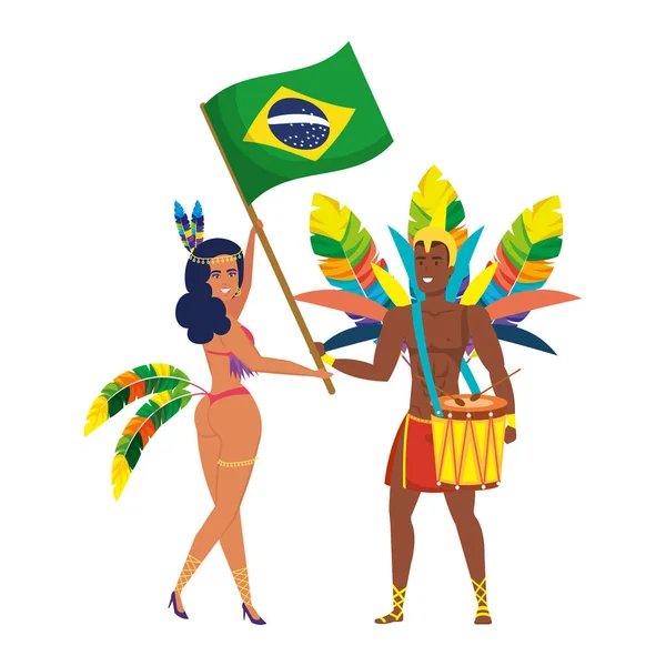Bailarinos brasileiros casal acenando personagem bandeira —  Vetores de Stock