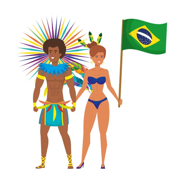Bailarinos brasileiros casal acenando personagem bandeira — Vetor de Stock
