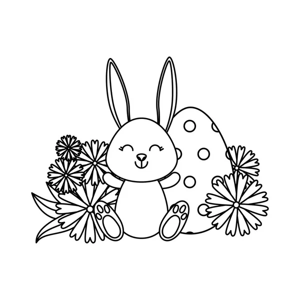 Милый кролик с пасхальным яйцом, раскрашенным в саду — стоковый вектор
