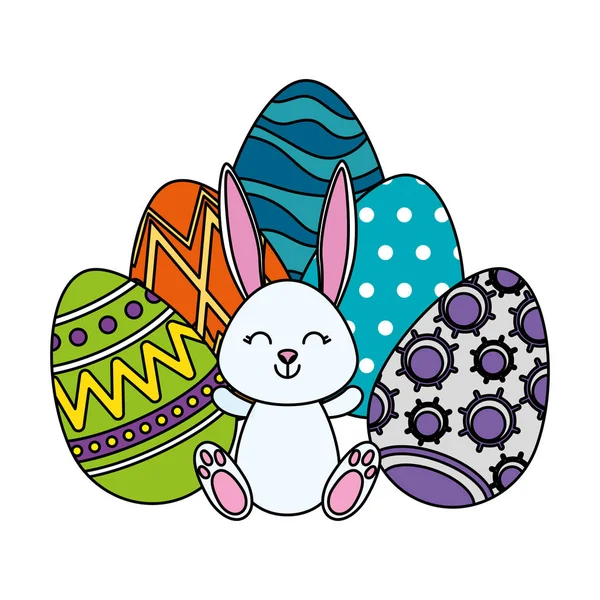 Cute rabbit with easter eggs painted — Stock Vector