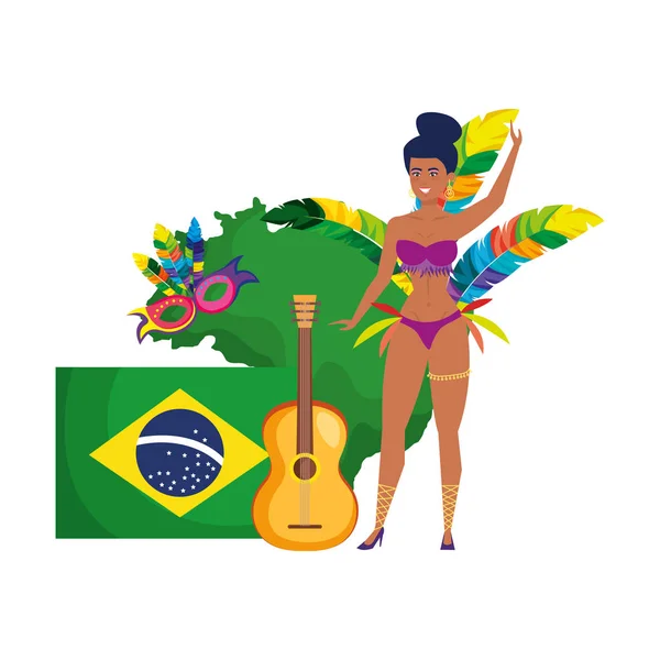 Beautiful brazilian garota with flag and guitar — Stock Vector