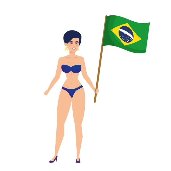 Bela mulher com maiô acenando bandeira do brasil —  Vetores de Stock