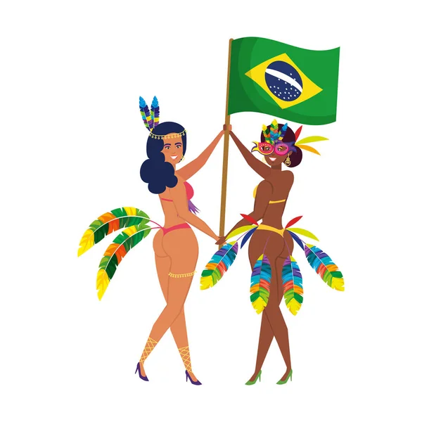 Brasileiro garotas casal acenando bandeira do brasil — Vetor de Stock