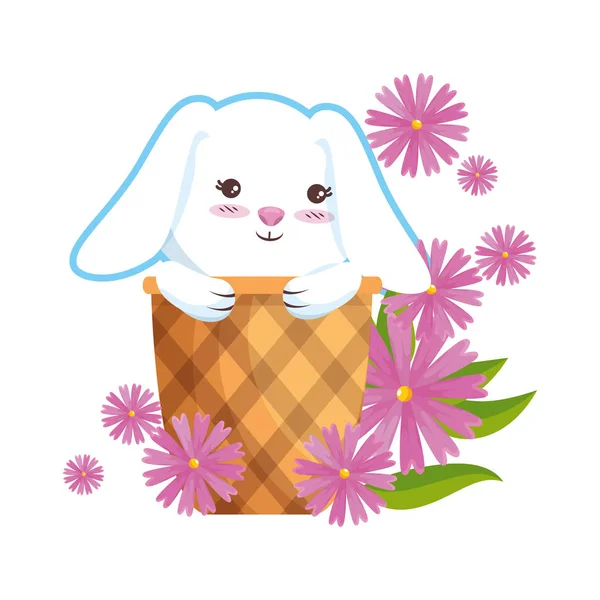 Cute rabbit in basket with flowers — Stock Vector