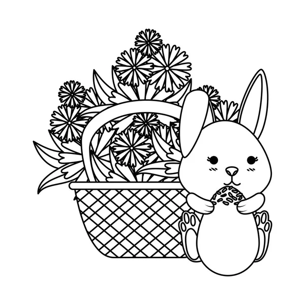 Ładny królik z pisanki malowane w kosz i kwiaty — Wektor stockowy