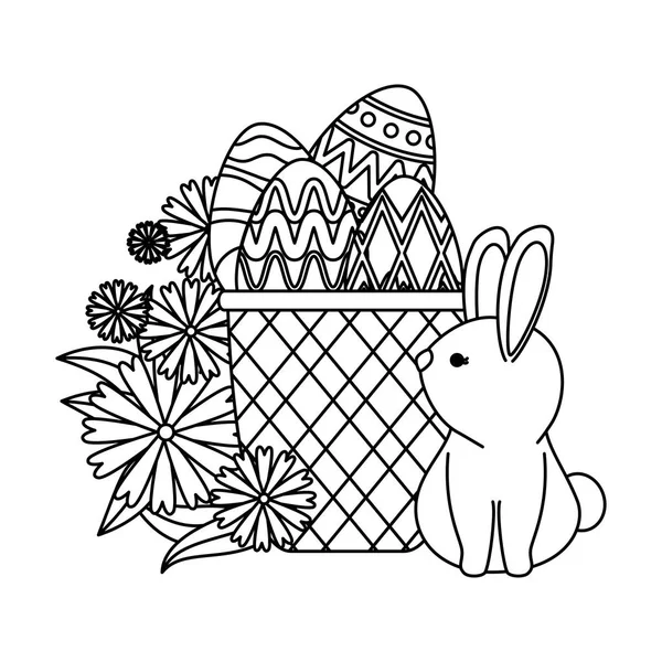 Lapin mignon avec des œufs de Pâques peints dans le panier et les fleurs — Image vectorielle