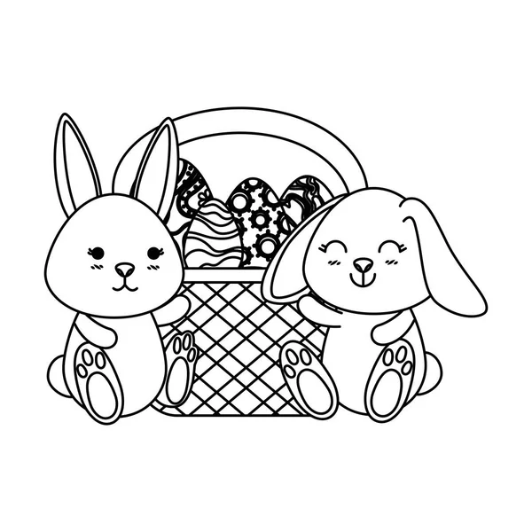 Bonito coelhos casal com páscoa ovo pintado em cesta —  Vetores de Stock