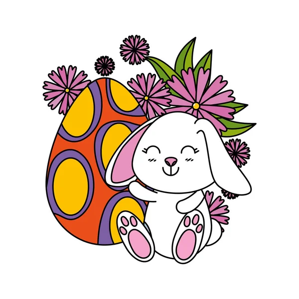 Милий кролик з пасхальним яйцем, пофарбованим в саду — стоковий вектор