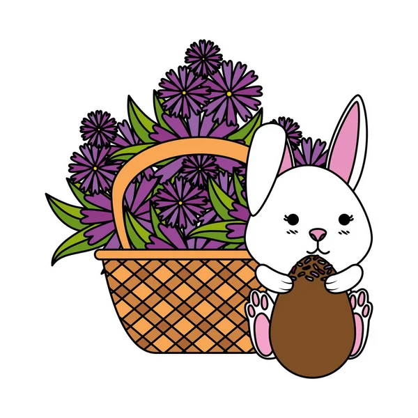 Lapin mignon avec des œufs de Pâques peints dans le panier et les fleurs — Image vectorielle