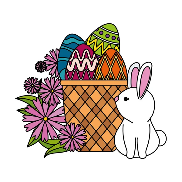 Cute rabbit with easter eggs painted in basket and flowers — Stock Vector