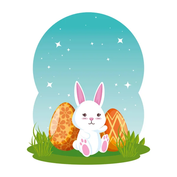 Cute rabbit with easter eggs painted — Stock Vector