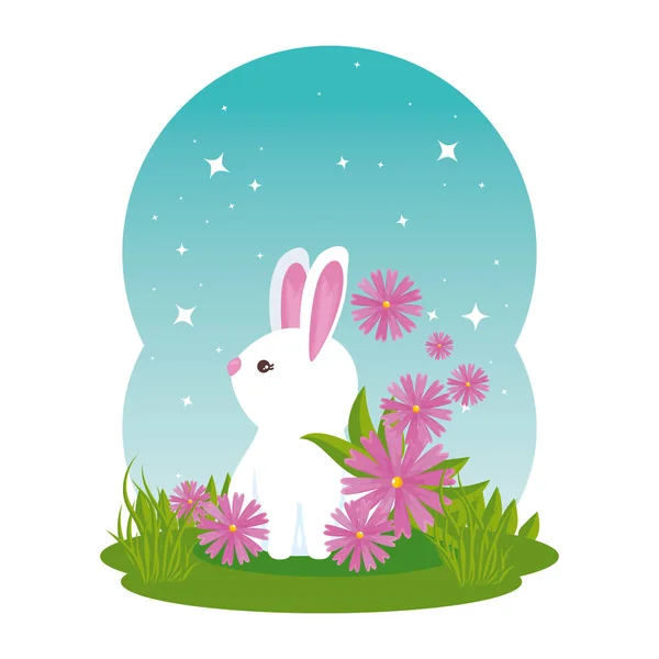 Lapin mignon avec jardin de fleurs — Image vectorielle