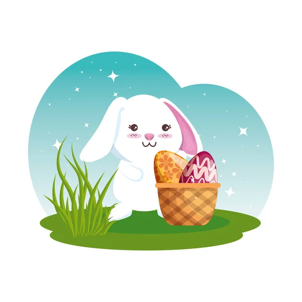 バスケットに描かれたイースター ・ エッグでかわいいウサギ — ストックベクタ