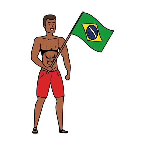 Молодой атлетичный черный мужчина размахивает бразильским флагом — стоковый вектор