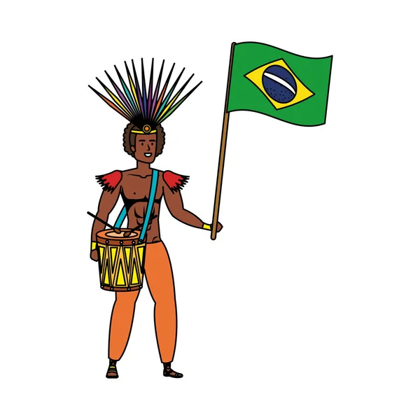 Davul bayrak ile oynayan Brezilyalı erkek dansçı — Stok Vektör