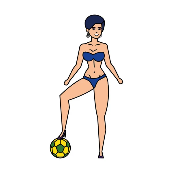 Belle femme avec maillot de bain et ballon de football — Image vectorielle