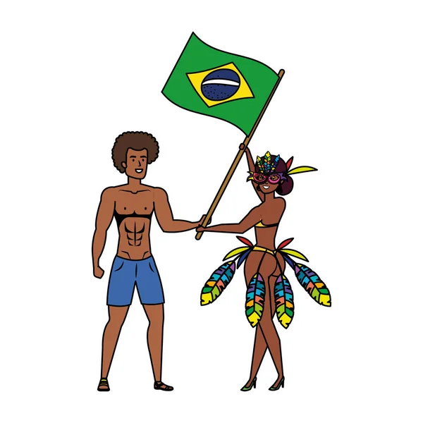 Bailarinos brasileiros casal acenando personagem bandeira —  Vetores de Stock