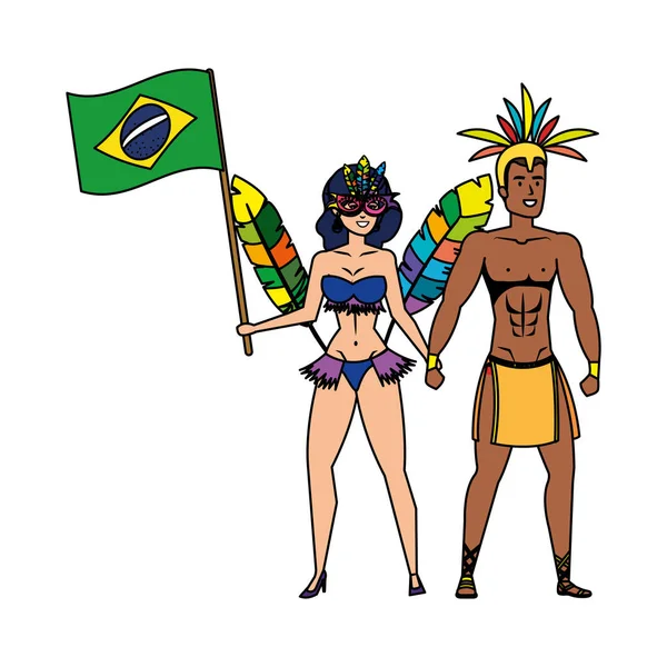 Brasilianisches Tänzerpaar schwenkt Flagge — Stockvektor
