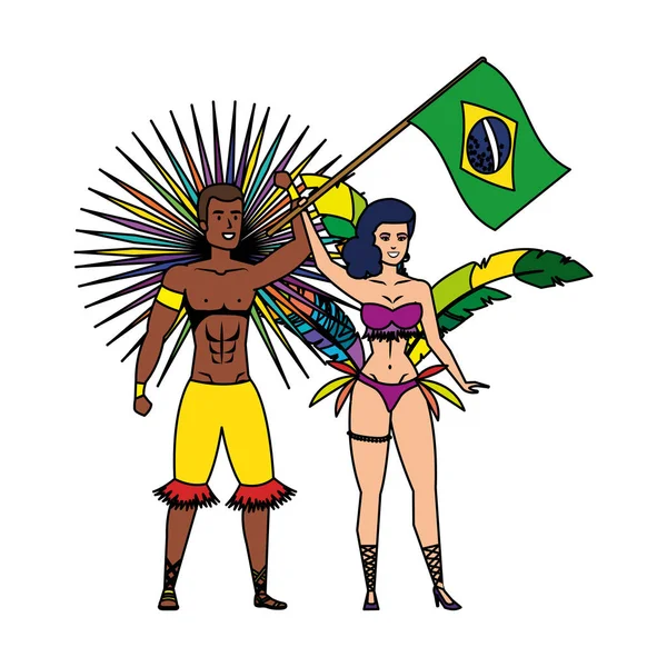 Bailarinos brasileiros casal acenando personagem bandeira —  Vetores de Stock