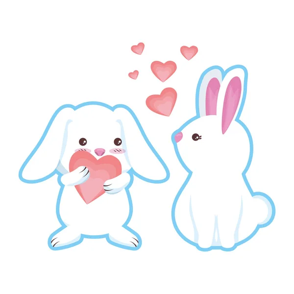 Cute rabbits couple with hearts love — Stock Vector