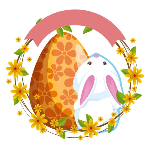 Niedliches Kaninchen mit Osterei bemalt und Blumen — Stockvektor