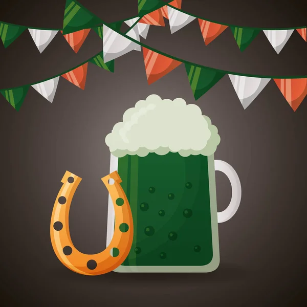 Birra Verde Ferro Cavallo Felice Patricks Giorno Vettore Illustrazione — Vettoriale Stock