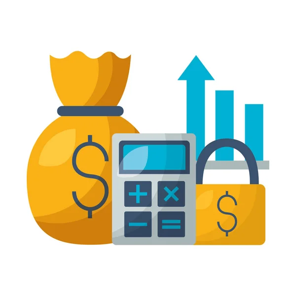 Calculator money bag stock market — Stock Vector