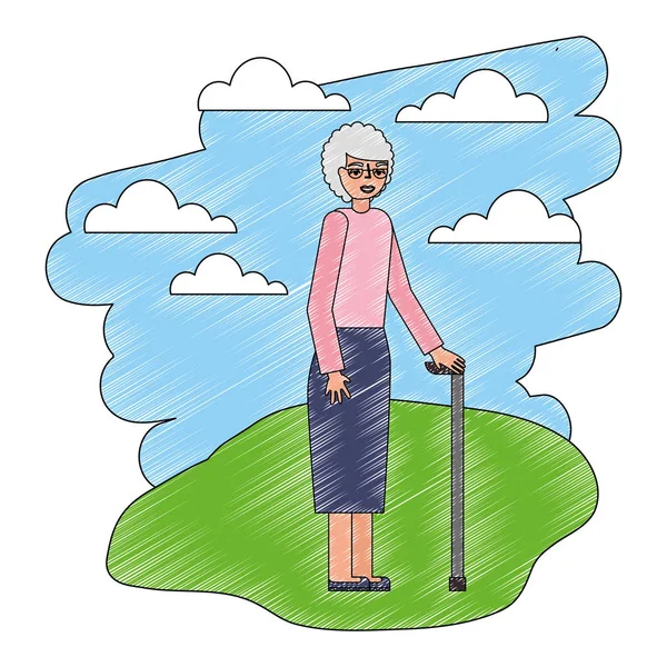 祖母与棒拐杖在景观 — 图库矢量图片