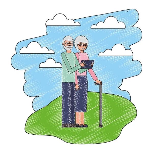 Grands-parents avec téléphone et bâton de canne dans le paysage — Image vectorielle