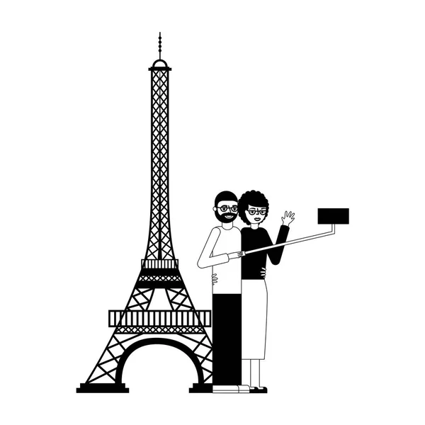 Morföräldrar Par Att Göra Selfie Eiffel Tower Scen Vektorillustration — Stock vektor