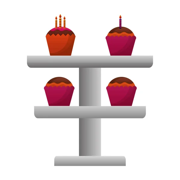 Set sweet cupcakes with candles isolated icon — Stock Vector