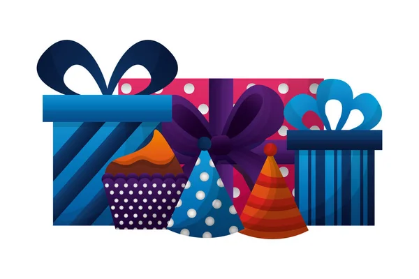 Κουτιά δώρων παρουσιάσει με εικονίδιο πάρτι και cupcake καπέλα — Διανυσματικό Αρχείο