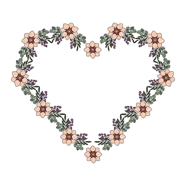 Рамка из красивых цветов и листьев в форме сердца — стоковый вектор