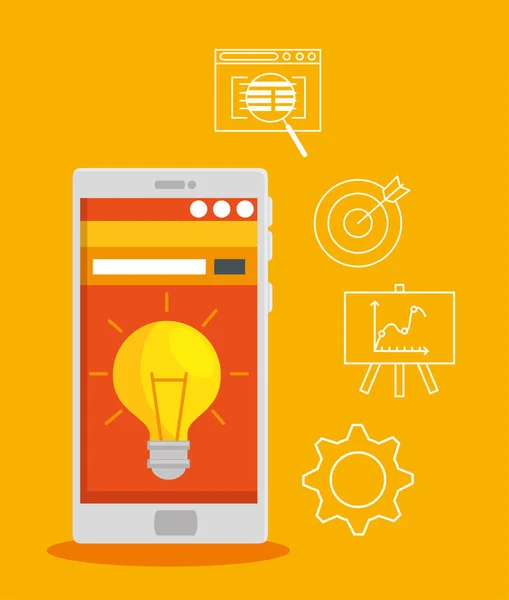 Технология смартфонов с идеей и стратегией использования лампочек — стоковый вектор