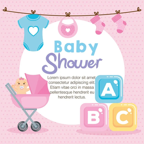 Kaart van de baby douche met set items — Stockvector