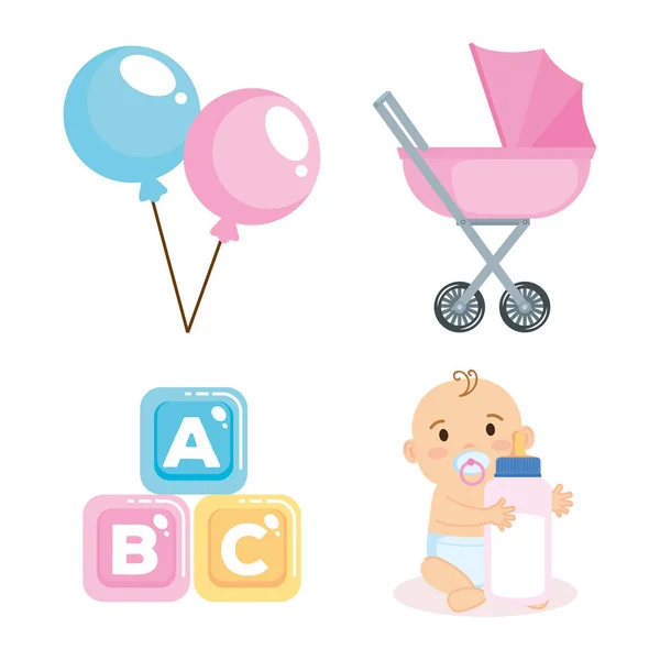 Cartão de banho de bebê com itens definidos — Vetor de Stock