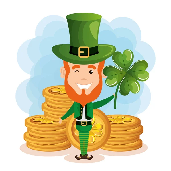 Leprechaun with coins saint patrick character — Stock Vector