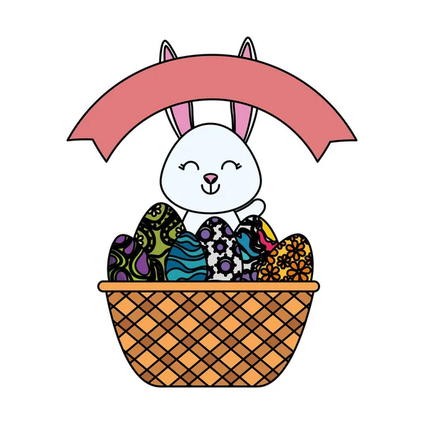 Cute rabbit with easter eggs painted in basket — Stock Vector