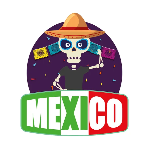 Esqueleto mexicano con sombrero — Vector de stock