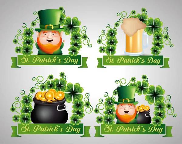 Set label met st patrick elf en bier met gouden munten — Stockvector