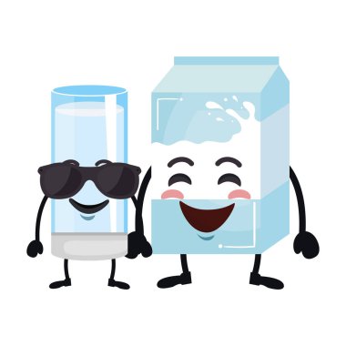 lezzetli süt cam bardak ve kutusunu kawaii karakterler