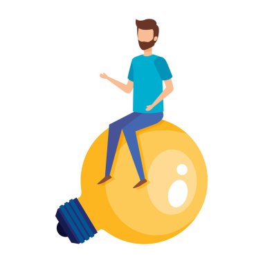 ampul ışık fikir vektör çizim tasarım içinde oturan mini adam