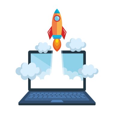 roket başlamak yukarıya ile dizüstü bilgisayar vektör çizim tasarım