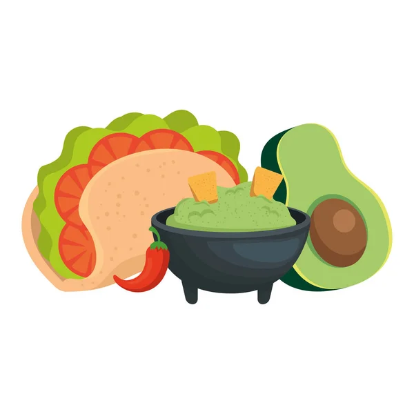 Avocado Met Guacamole Saus Taco Vector Illustratie Design — Stockvector