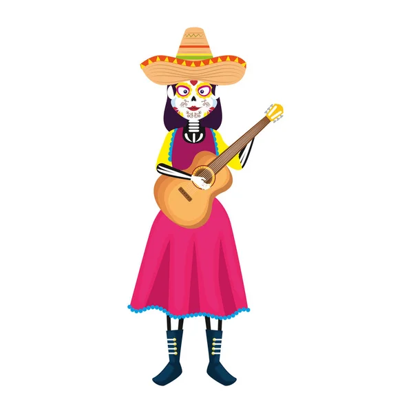 Mujer Mexica Con Traje Catrina Diseño Ilustración Vectores Guitarra — Vector de stock