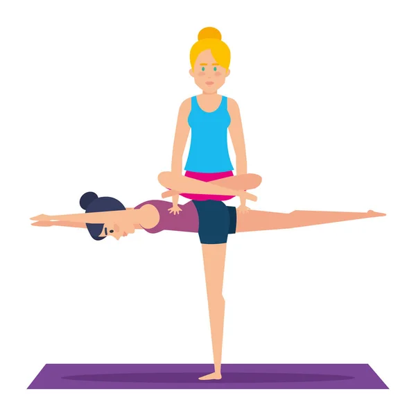 Couple Girls Practicing Yoga Position Vector Illustration Design — Stock Vector