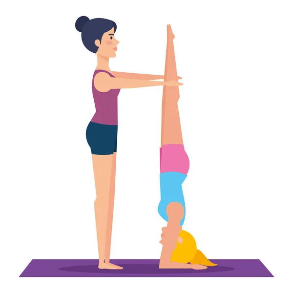 Couple Girls Practicing Yoga Position Vector Illustration Design — Stock Vector