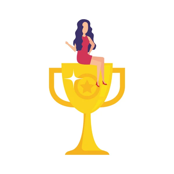 Kvinna Med Trophy Cup Award Vektor Illustration Design — Stock vektor