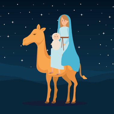 İsa bebek deve vektör çizim tasarım ile bakire Mary