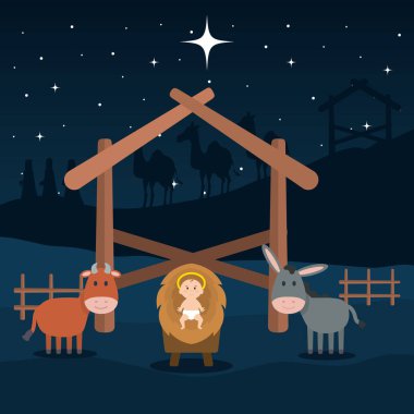 İsa bebek istikrarlı katır ve öküz vektör çizim tasarımı ile